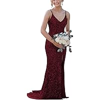 Sexy Spaghetti Straps Mermaid Sequin Prom Dresses Long for Women with Slit V Neck Formal Party Gowns