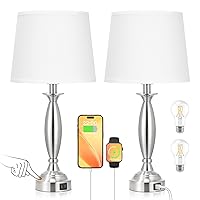 White Lamps for Bedrooms Set of 2 - Touch Control Bedside Lamp with USB C+A, 3 Way Dimmable Nightstand Lamps with USB Port, Table Lamp for Living Room(White Shade and Nickel Base)