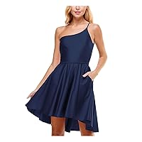 Womens Blue Zippered Pocketed Sleeveless Asymmetrical Neckline Above The Knee Party Hi-Lo Dress Juniors 9