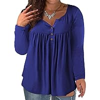 VISLILY Women's Plus Size Henley Shirts Long Sleeve Tops Buttons Up Blouses Pleated Tunics