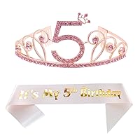 5th Pink Birthday Tiara and Sash Happy 5th Birthday Party Supplies 5th Birthday Glitter Satin Sash and Crystal Tiara Princess Birthday Crown for Girls 5th Birthday Party Decorations