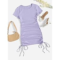 Women's Dress Dresses for Women Solid Side Drawstring Ruched Bodycon Dress (Color : Lilac Purple, Size : Medium)