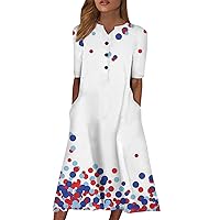 American Flag Dresses for Women V-Neck Short Sleeve Dress Polka Printing Casual Dress with Pockets