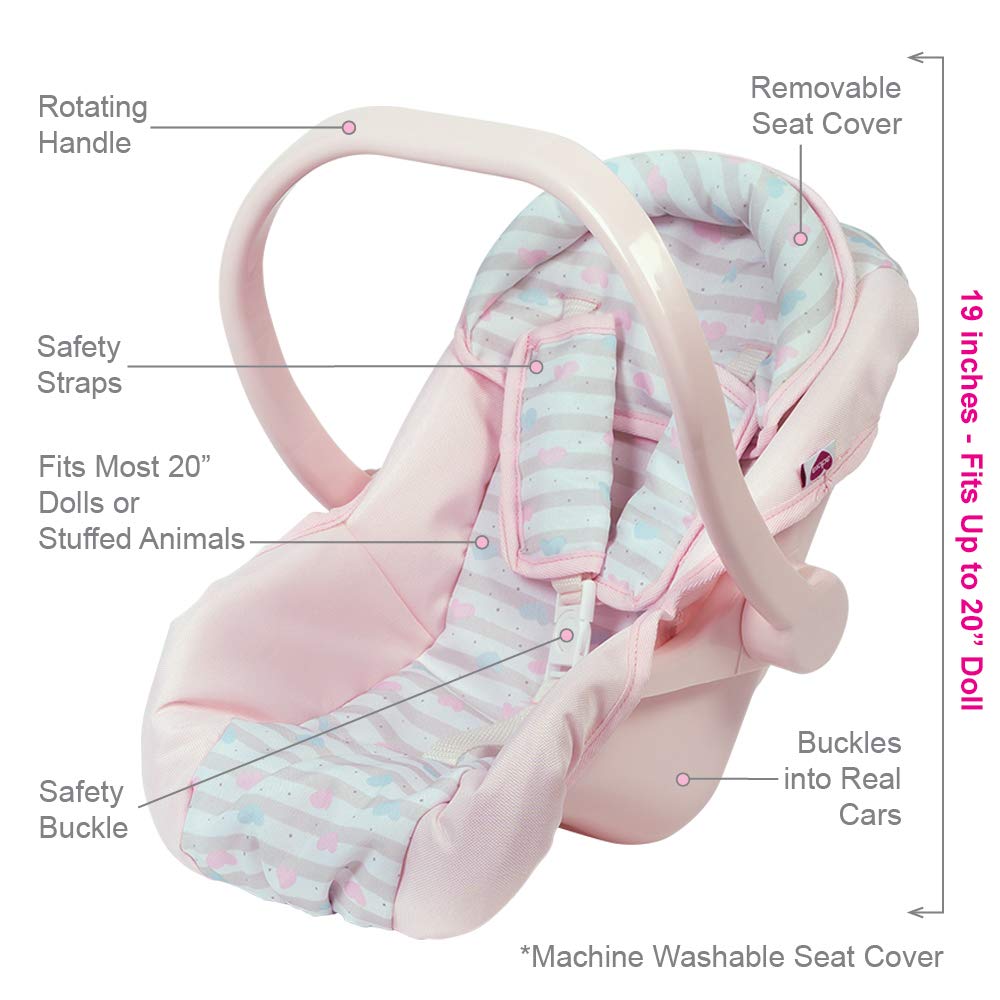 Adora Baby Doll Car Seat - Pink Carrier, Fits Dolls Up to 20 inches, Stripe Hearts Design, Multicolor
