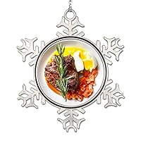 Fried Steak Christmas Ornaments 2022 Snowflake Ornament Funny Food Christmas Tree Ornaments Novelty Metal Souvenir Gift Xmas Tree Pendant Winter Holiday New Year Party Decor 3 Inch