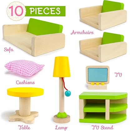 Wooden Dollhouse Furniture|Made of Safe Wood and Bright Water-Based Paint|Compatible with Most Doll Houses|Living Room