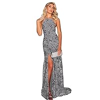 WPPUPP Women's Sparkly Sequins Lace Prom Dress 2024 Halter Backless Floor Length Mermaid Formal Evening Gowns with Slit