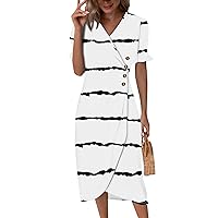 Engagement Dresses for Photoshoot, Women's Summer Casual Midi Dress Spring Short Sleeve V Neck A-Line Flowy Boho Striped Smocked Dresses Plus Size Beach Dresses Casual (3XL, White)