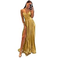 Metallic Sparkly Satin Prom Dress for Women 2024 with Slit Long Formal Evening Party Gown with Pleated PM024