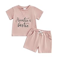wdehow Toddler Baby Girl Boy Clothes Aunties Bestie Letter Print T-Shirt Solid Color Shorts Set 2pcs Summer Outfits