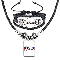 I Love Russia Word Flag Heart Leather Necklace Bracelet Jewelry Set