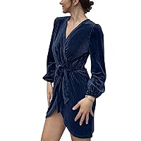 Womens Long Sleeve Velvet Mini Dress Wrap V Neck Ruched Bodycon Sexy Cocktail Party Dress