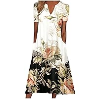 Summer Flower Print Casual Short Sleeve Tunic Dress for Women Fashion V-Neck Loose Fitted T-Shirt Dress with Pockets
