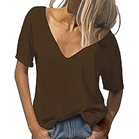 Women's Fashion Deep V Neck Short Sleeve Top Solid Color Casual Loose Basic T Shirt Long Sleeve Turtleneck Women
