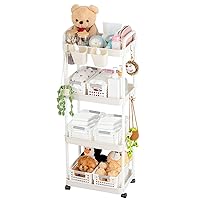Baby Diaper Caddy, 41.73 Inch 4 Tiers White Plastic Movable Diaper Cart Organizer with Wheels Rolling Essentials Nursery Cart for Newborn Changing Table Crib Items Stuff Girl Boy Room Storage