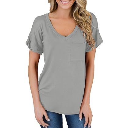 MIHOLL Women's Short Sleeve V-Neck Shirts Loose Casual Tee T-Shirt