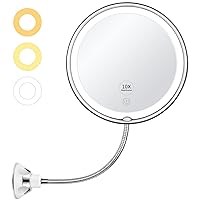 KEDSUM Lighted Makeup Mirror, 10X Magnifying Makeup Mirror with Suction Cups, Upgraded 3 Colors & Dimming Lights, 360° Swivel Flexible Mirror, Magnifying Travel Vanity Mirror for Bathroom Shaving