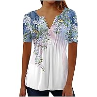 Women Short Sleeve Henley T Shirt Summer Casual Floral Print Tops Empire Waist V Neck Button Down Pleated Blouse