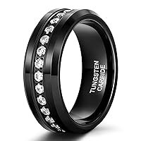 TRUMIUM 6mm 8mm Mens Tungsten Wedding Bands with Cubic Zirconia Eternity Ring CZ Inlaid Black Silver Tungsten Carbied Rings High Polish Size 7-13