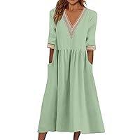 Long Summer Dresses for Women 2024, Women's Solid Color Short Sleeved Lace V Neck Dress, S XXXL