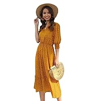 Dresses for Women 2023 -Neck Polka Dot Ruffle Hem Dress (Color : Mustard Yellow, Size : Large)