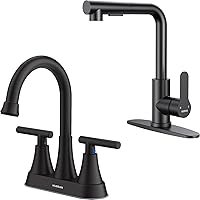 Matte Black Bathroom Sink Faucet with Pop-up Drain and Supply Hose, 4 inch Faucet for Bathroom Sink Vanity, Kitchen Faucet with Pull Down Sprayer, Kitchen Faucets for Sink 3 Hole Bar Rv Camper Laundry