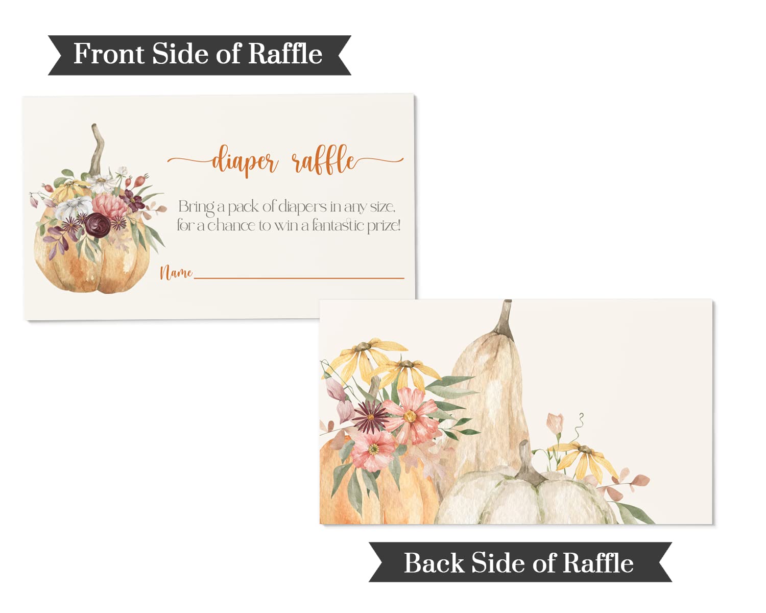 Pumpkin Diaper Raffle Tickets (25 Pack) Baby Shower Games Halloween – Floral Invitation Insert Cards - Guests Fill-In to Win Prize Drawings - Size 2x4