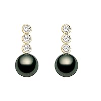 18k Yellow Gold AAAA Quality Black Tahitian Cultured Pearl Diamond Dangle Earrings for Women - PremiumPearl