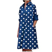 Fashion Polka Dots Button Down Lapel Shirt Dress for Women Long Sleeve Dressy Casual Loose Fit Tunic Pockets Dress