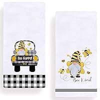 Set of 2 Buffalo Plaid Bee Gnome Kitchen Dish Towel 18 x 28 Inch, Seasonal Spring Summer Bee Happy Tea Towels Dish Cloth for Cooking Baking