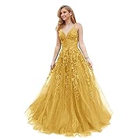 CWOAPO Glitter Tulle Prom Dresses Women Spaghetti Straps Long Ball Gowns V Neck Formal Evening Party Dress