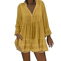 Fashion Womens Blouse Vintage Solid Button Shirt Tops Casual Long Sleeve Shirt Sexy V Neck Lace Tunic Tops