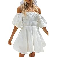 EFOFEI Women's Summer Sexy Loose Off Shoulder Dresses Fashion Puff Sleeves Elastic Waist Mini Dress