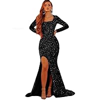 2023 Long Sleeve Sequin Floor Evening Dress Stretch Velvet Square Neck Mermaid Prom Slit Party Engagement Sparkly