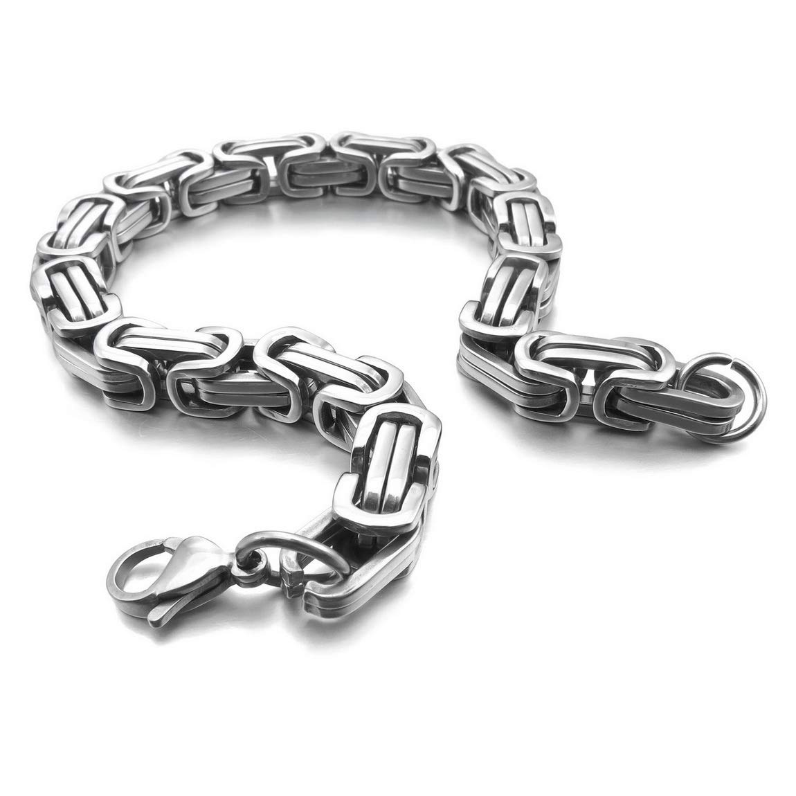 INBLUE 8mm Wide 316L Stainless Steel Bracelet Byzantine Link Chain Bracelet for Men Women Boys Water Resistance (5 Colors - Silver Black Gold Silver and Silver and Gold, 4 Lengths - 7.5