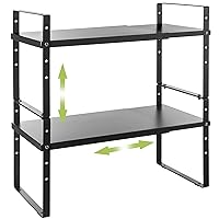 Expandable Cabinet Shelf Organizer Rack, Stackable Kitchen Counter Storage Shelves Stand, Adjustable Height Pantry Shelf Spice Rack (Black, 2 Pack)