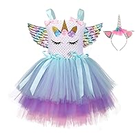 Summer Halloween Children's Flower Unicorn Cake Skirts,Mesh Puffy Princess Dresses,Three-Layer Gradient Color Dresses.
