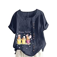Cotton Linen Womens Tops Dressy Casual Rabbit Pattern Print Shirt T-Shirts Short Sleeves Blouse Clothes Roundneck Tunics