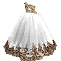 Gold Lace Applique Pageant Ball Gown Tulle One Shoulder for Special Occasion