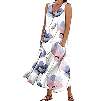 Sun Dresses for Women Casual Print Vacation Round Neck Dress with Pockets Flowy Sleeveless Cotton Linen Dresses