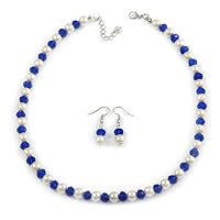 Avalaya Sapphire Blue Glass Bead, White Glass Faux Pearl Neckalce & Drop Earrings Set with Silver Tone Clasp - 40cm L/ 4cm Ext