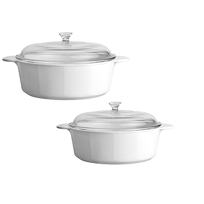 Corning Ware 3.5 and 2.5 Quart (3.25 and 2.25 Liter) 2 Dimensions 4-Piece Set Casserole Dishes Glass WLid Pyroceram Classic Cooking Pot with Handles and Glass Cover Round Shape - White Large, Medium