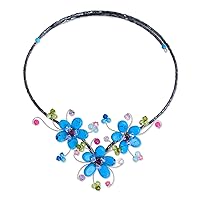 NOVICA Handmade Multigem Flower Necklace Floral Wrap Artisan Crafted Beaded Jewelry Stainless Steel Calcite Amethyst Peridot Quartz Glass Blue Turquoise Green Multicolor Purple Thailand Birthstone