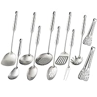 304 Stainless Steel Kitchen Utensils Set, 11 PCS All Metal Cooking Spoons - 2 Tongs, Fork, Solid Spoon, Slotted Spoon, Spatula, Soup Ladle, Skimmer, Slotted Spatula, Spaghetti Spoon, Large Spoon