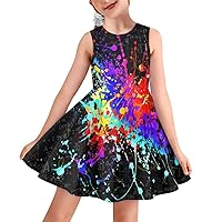 Girls Colorful Splash Paint Print Sleeveless Beach Sundress Summer Casual Twirl Skater Dress