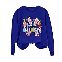 Teacher Bunny Sweatshirt for Women Cute Easter Day Print Pullover Tops Long Sleeve Crewneck Casual Loose Fit Blouse