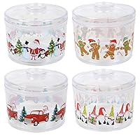 Decorative Christmas Holiday Themed Plastic Containers Jars 4 Pack with Stackable Lids for Cookies, Snacks, Candies, Treats Gnomes, Gingerbread Men, Snowmen, Santa