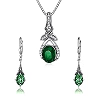 AOBOCO Sterling Silver Vintage Green Jewelry Necklace and Earrings Set with Simulated Emerald Green Crystals