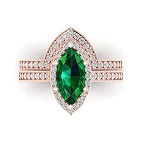 Clara Pucci 2.26 ct Marquise Round Cut Halo Solitaire Simulated Emerald Designer Art Deco Statement Wedding Ring Band Set 18K Rose Gold