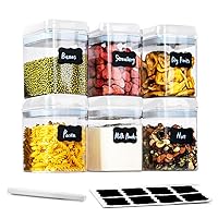 Airtight Food Storage Container Set, 6Pcs Seasoning Organization Containers, BPA Free Plastic Canisters for Cereal, Sugar & Dry Food with Easy Lock Lid, Include 9 Labels, Rectangle White
